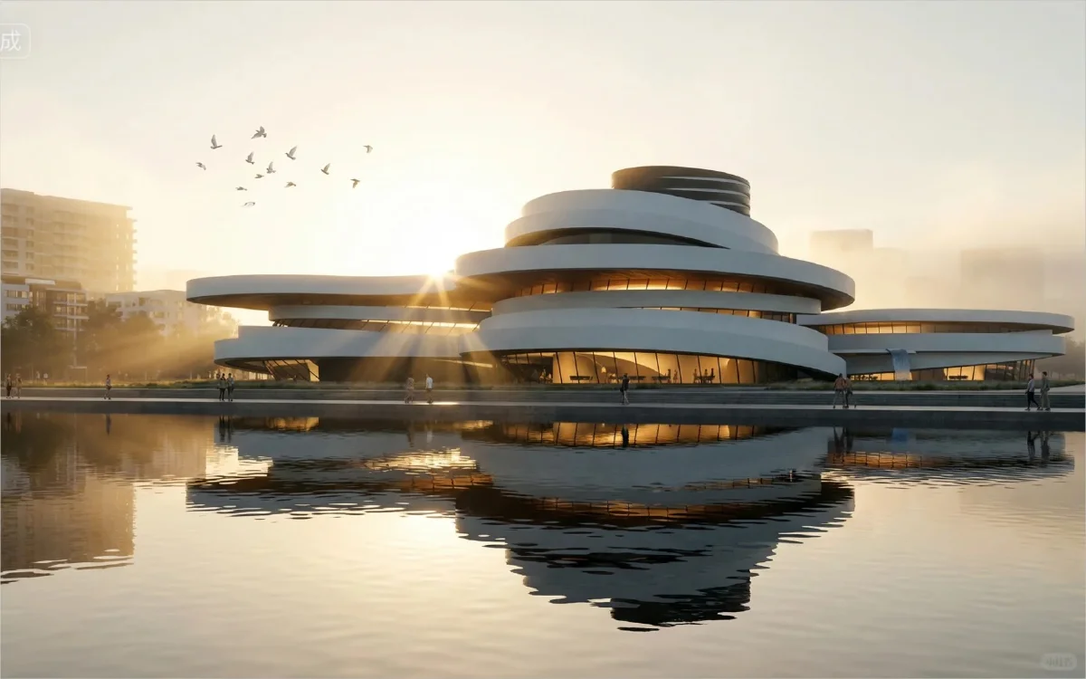 湖边建筑逆光渲染