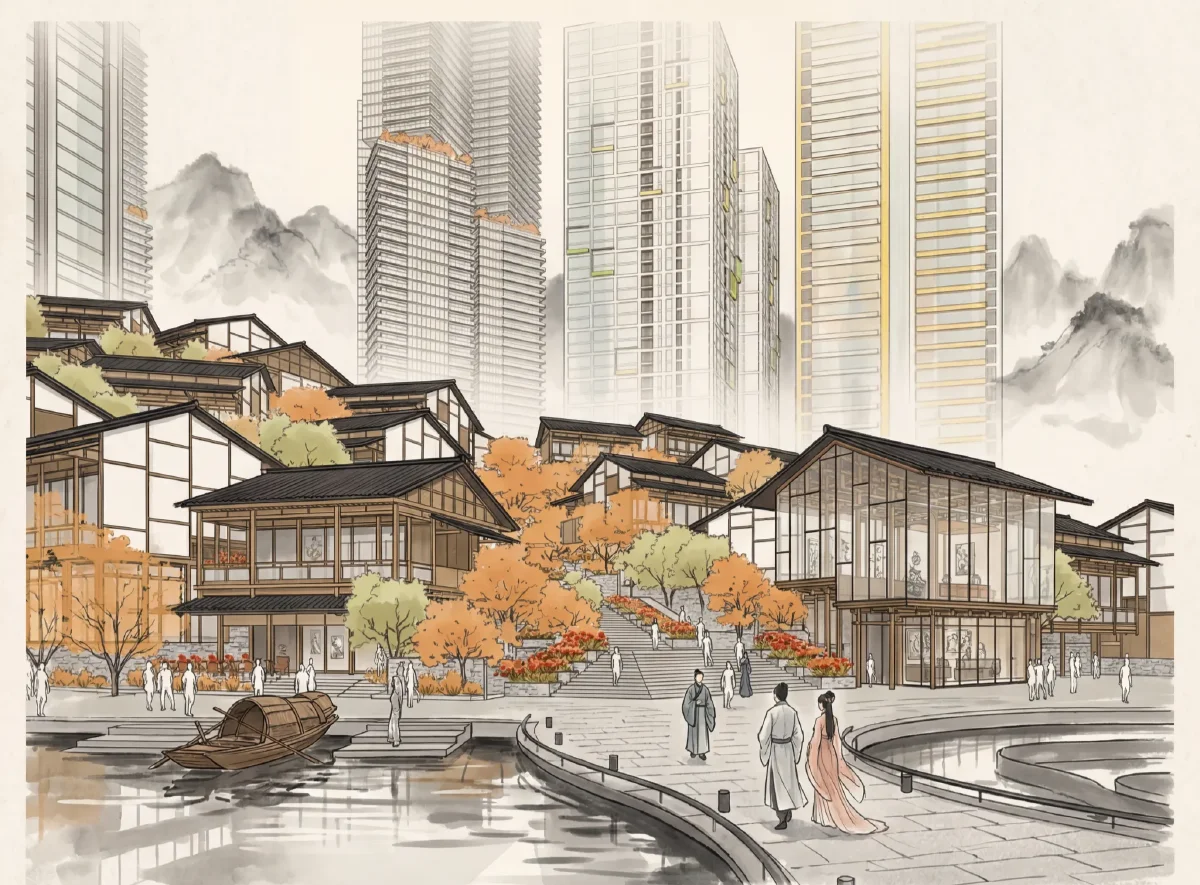 水墨中国风建筑渲染