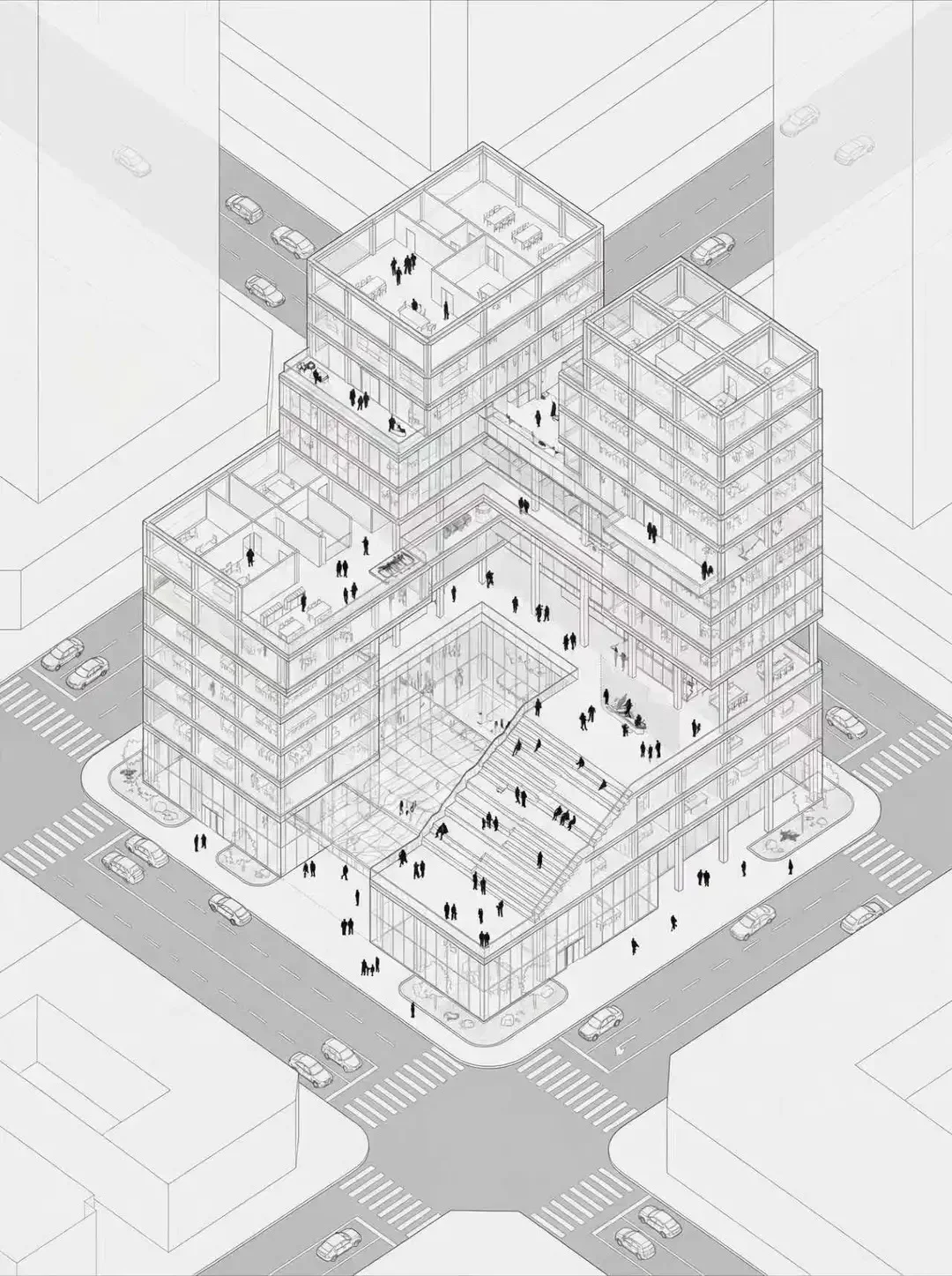 线稿风轴测建筑分析图