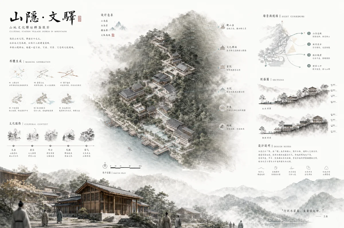 横向乡村建筑展板