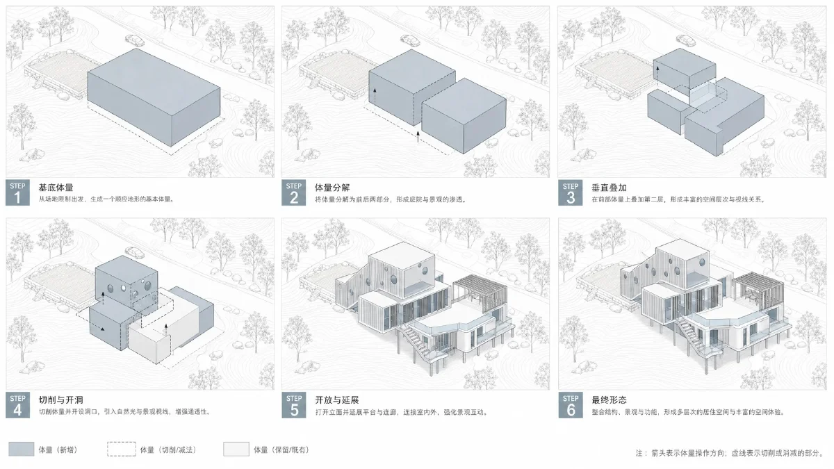 蓝色系建筑体块分析图