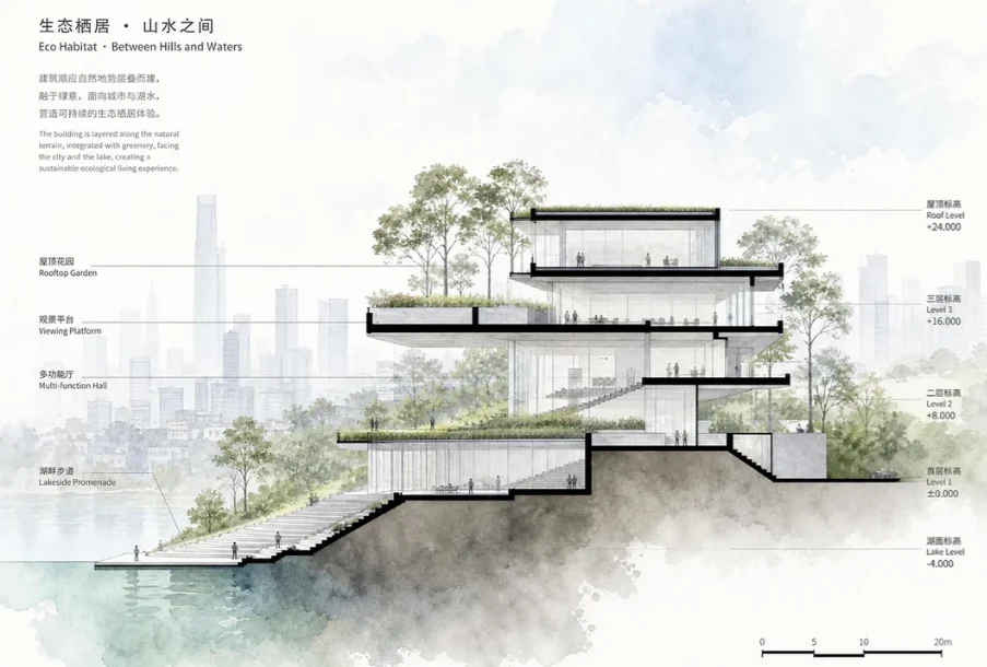 淡彩建筑剖面