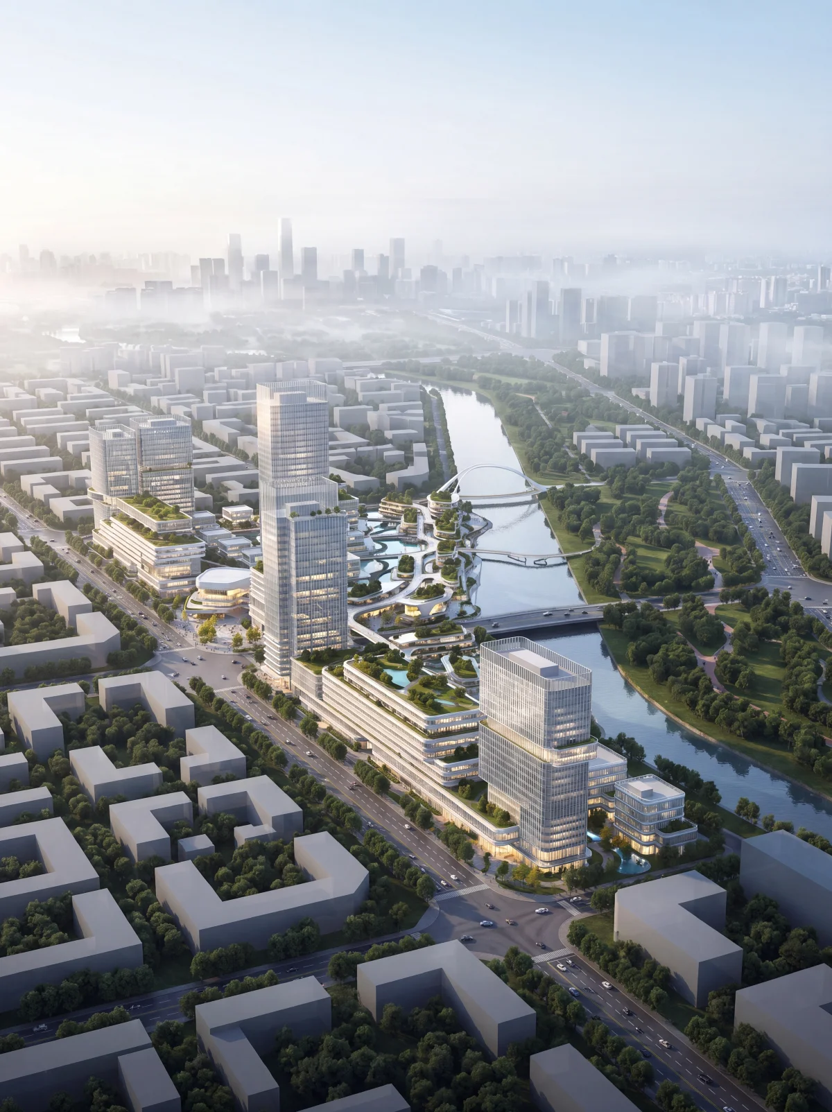 清晨城市鸟瞰图渲染