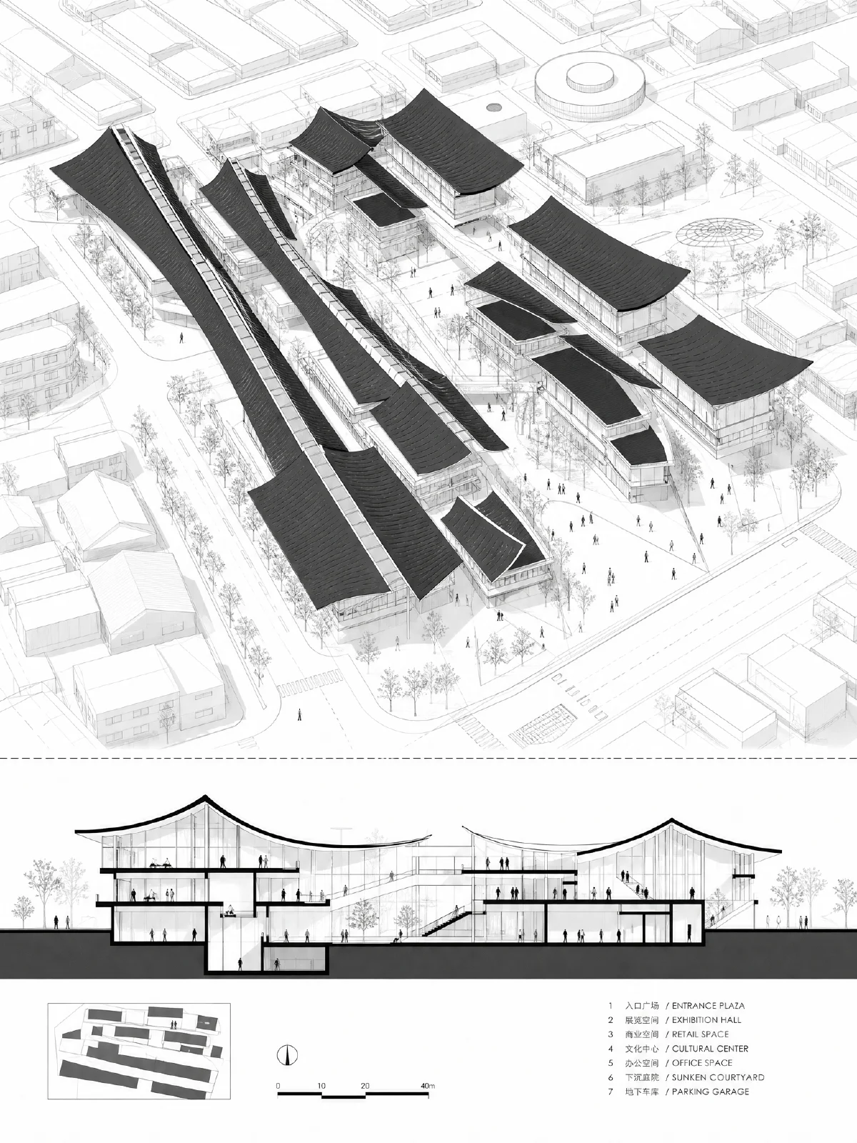 黑白建筑竞赛轴测分析图