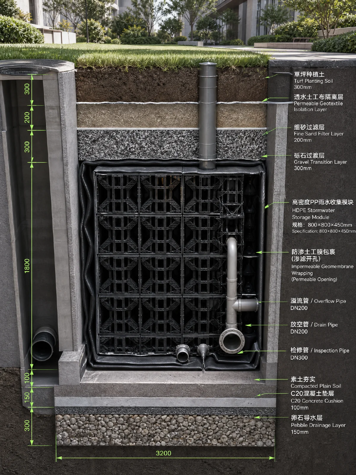 地下复合雨水调蓄渗滤池构造