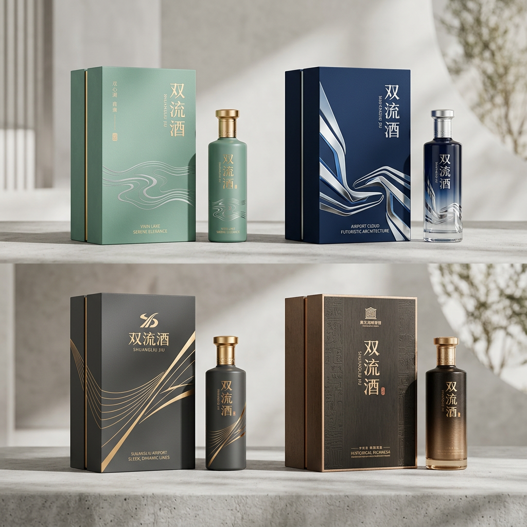 你是一位资深的设计师，现在需要设计一款高端的白酒包装礼盒，品牌名字叫双流酒。以双流各地的经典和名胜为…