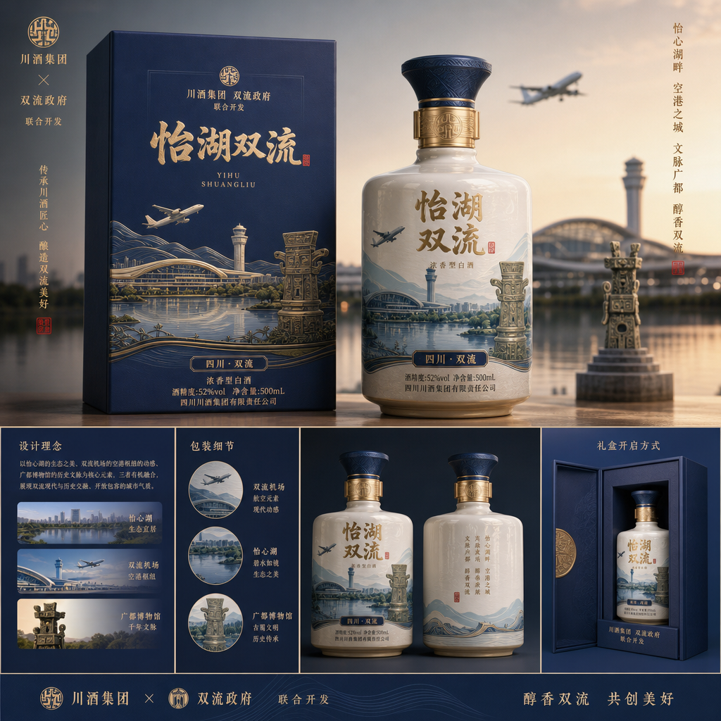 结合市场销售主流名酒，结合双流怡心湖、双流机场、广都博物馆等元素，设计一款具有双流地方特色的白酒，要… (2)