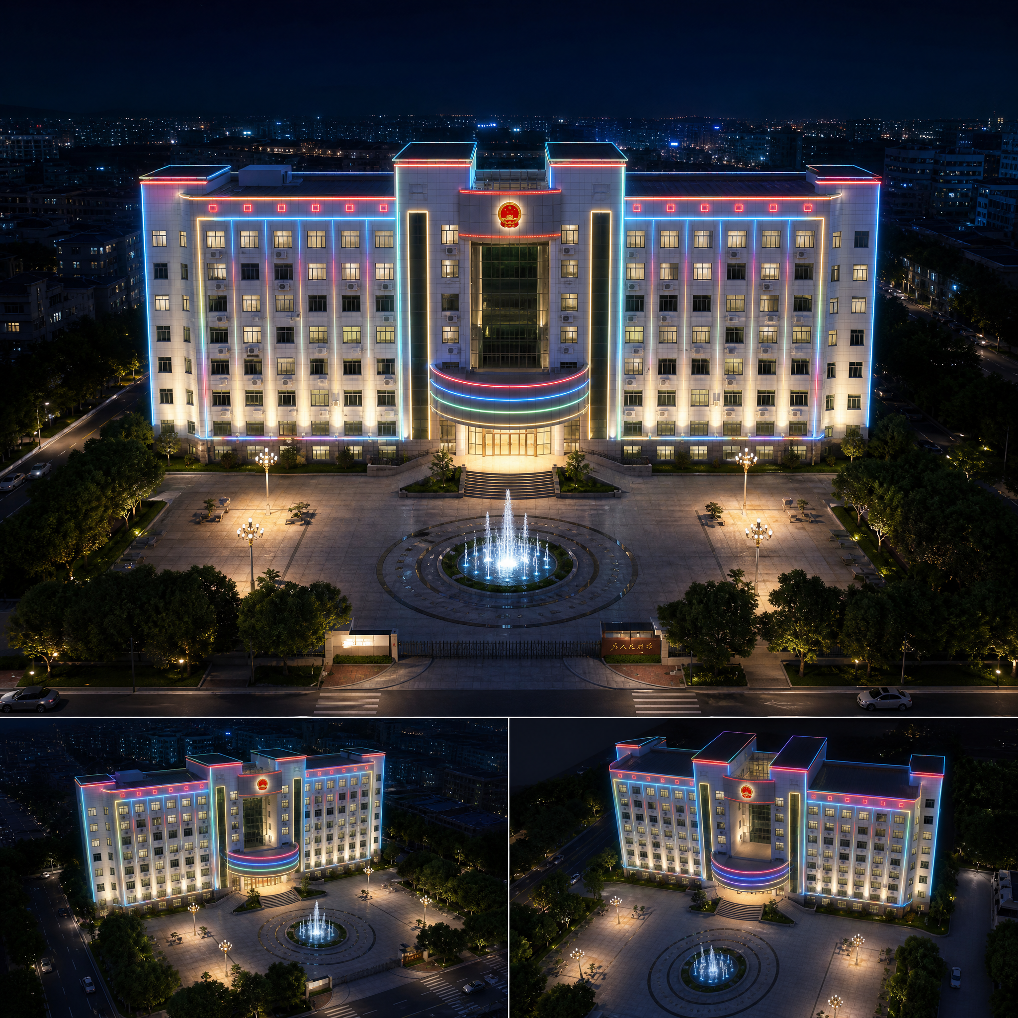 根据我的参考图，调整楼体的主体结构，生成夜晚亮化效果图，勾勒楼体整体轮廓，四周用跑马灯，生成3D高清…