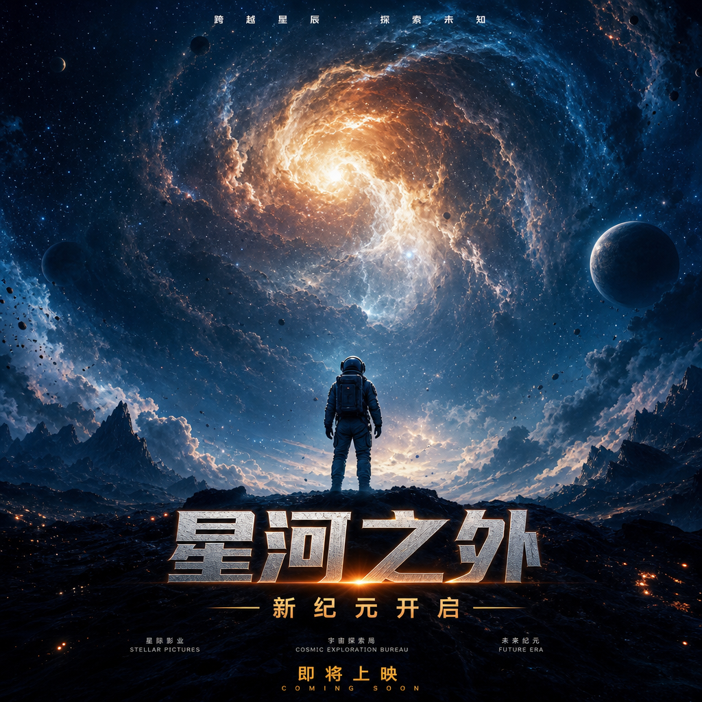 设计一张电影海报，主题为星际穿越。

主视觉：宇航员剪影仰望发光星云。
版式：居中构图，粗体电影字体…