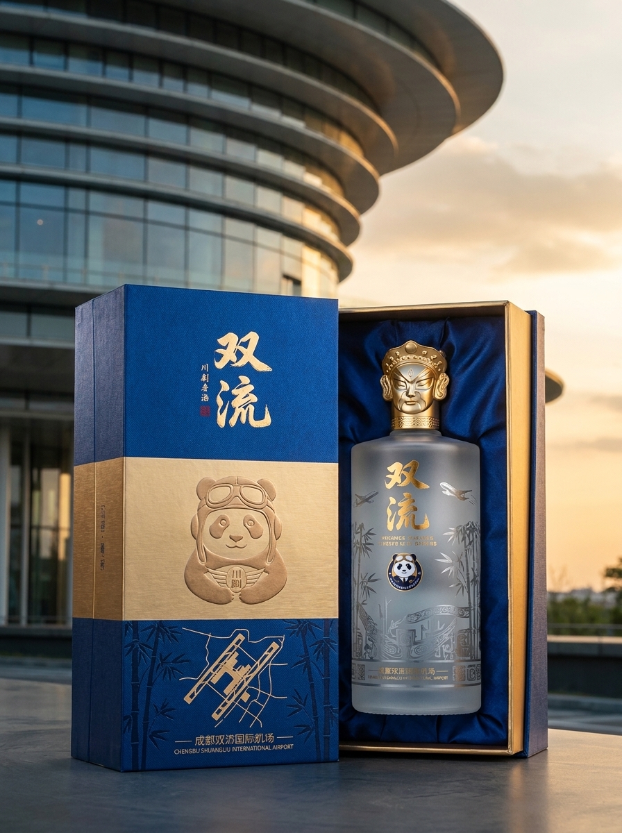 以图二中的建筑为背景，融入一些熊猫元素和双流本地元素，打造一款高端白酒包装礼盒，白酒的名称是双流，产…