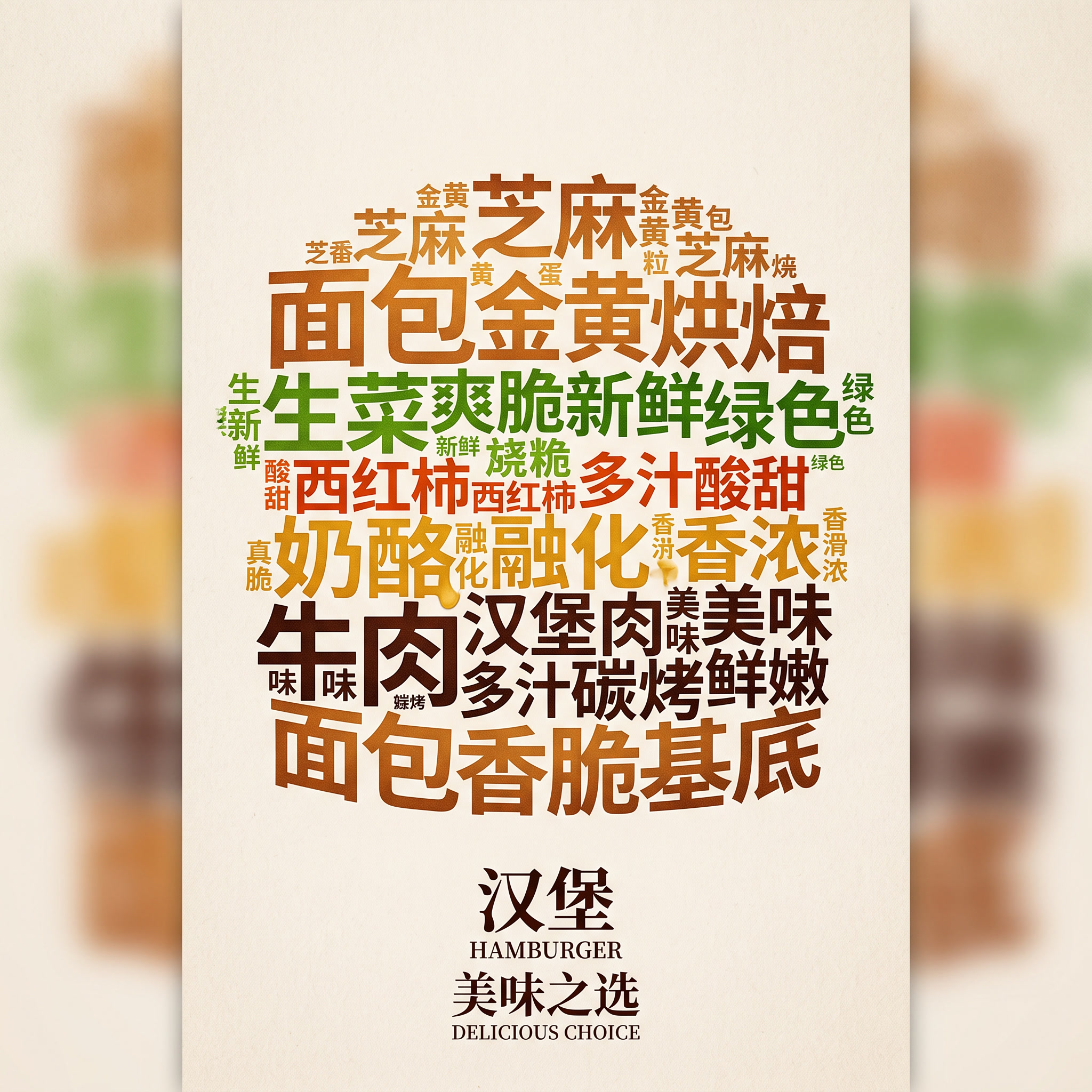 一张创意排版海报。画面主体是一个汉堡的剪影，完全由密集的、不同大小的中文词汇组成（和汉堡食材有关的词…