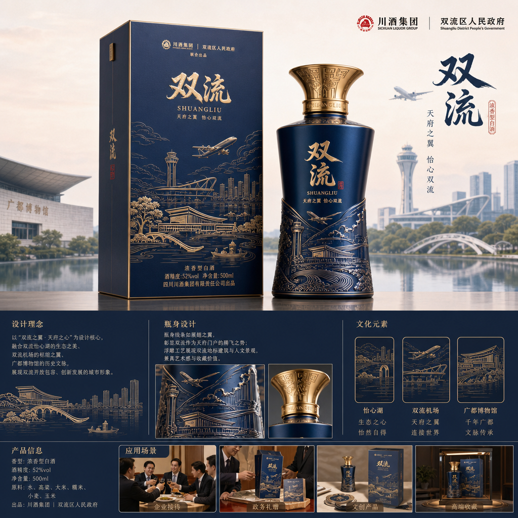 结合市场销售主流名酒，结合双流怡心湖、双流机场、广都博物馆等元素，设计一款具有双流地方特色的白酒，要… (3)