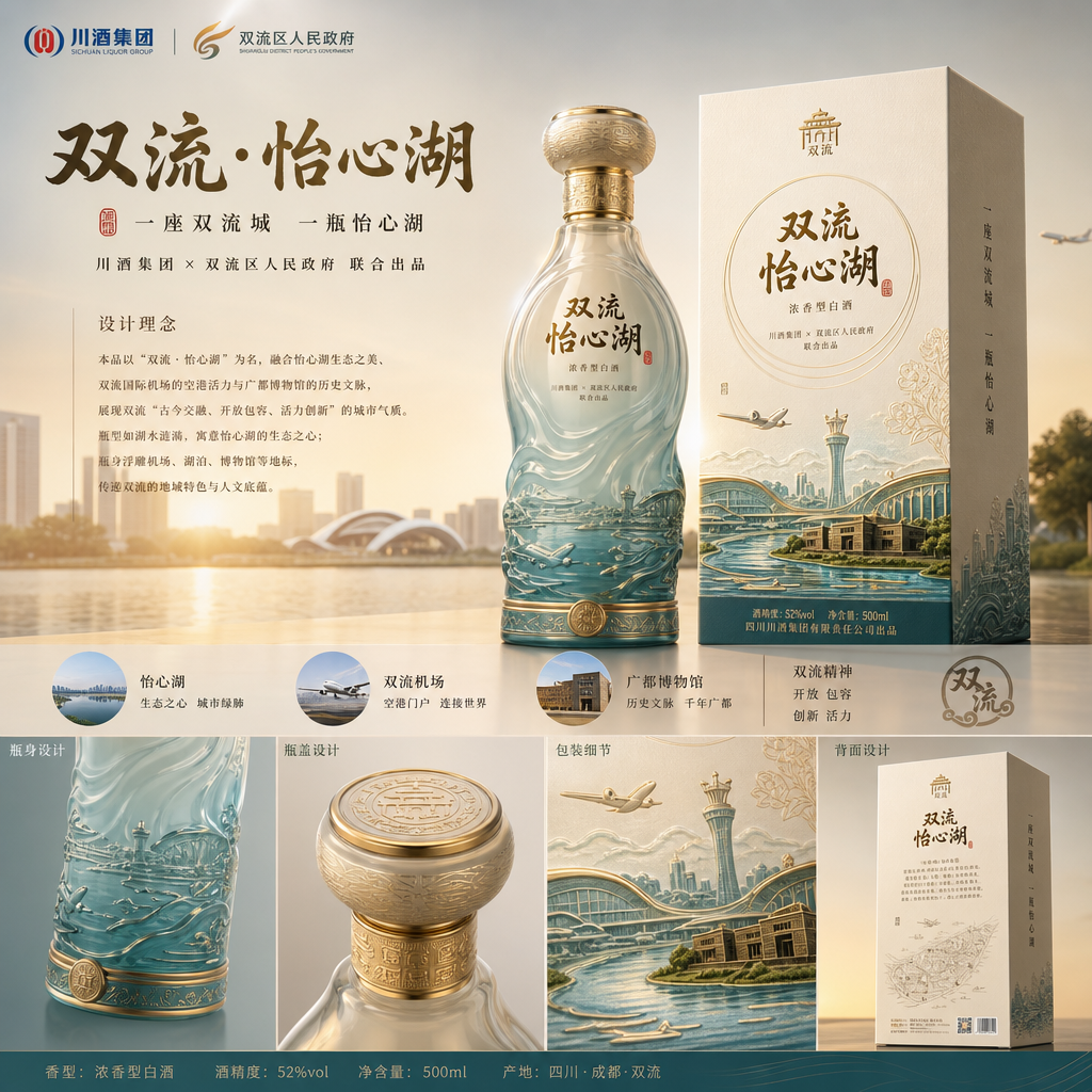 结合怡心湖、双流机场、广都博物馆等元素，设计一款具有双流地方特色的白酒，要求酒盒和酒瓶都必须原创，市… (2)