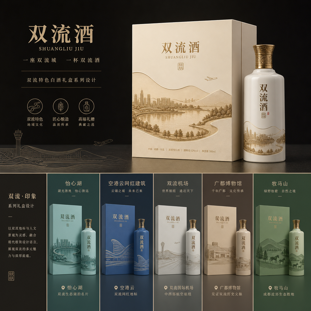 你是一位资深的设计师，现在需要设计一款高端的白酒包装礼盒，品牌名字叫双流酒。以双流各地的经典和名胜为… (4)