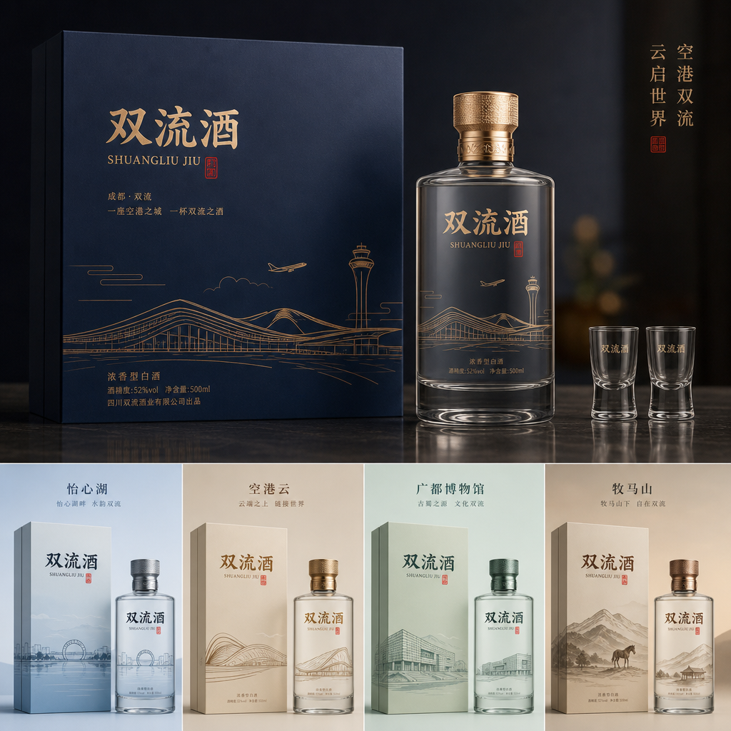 你是一位资深的设计师，现在需要设计一款高端的白酒包装礼盒，品牌名字叫双流酒。以双流各地的经典和名胜为… (2)