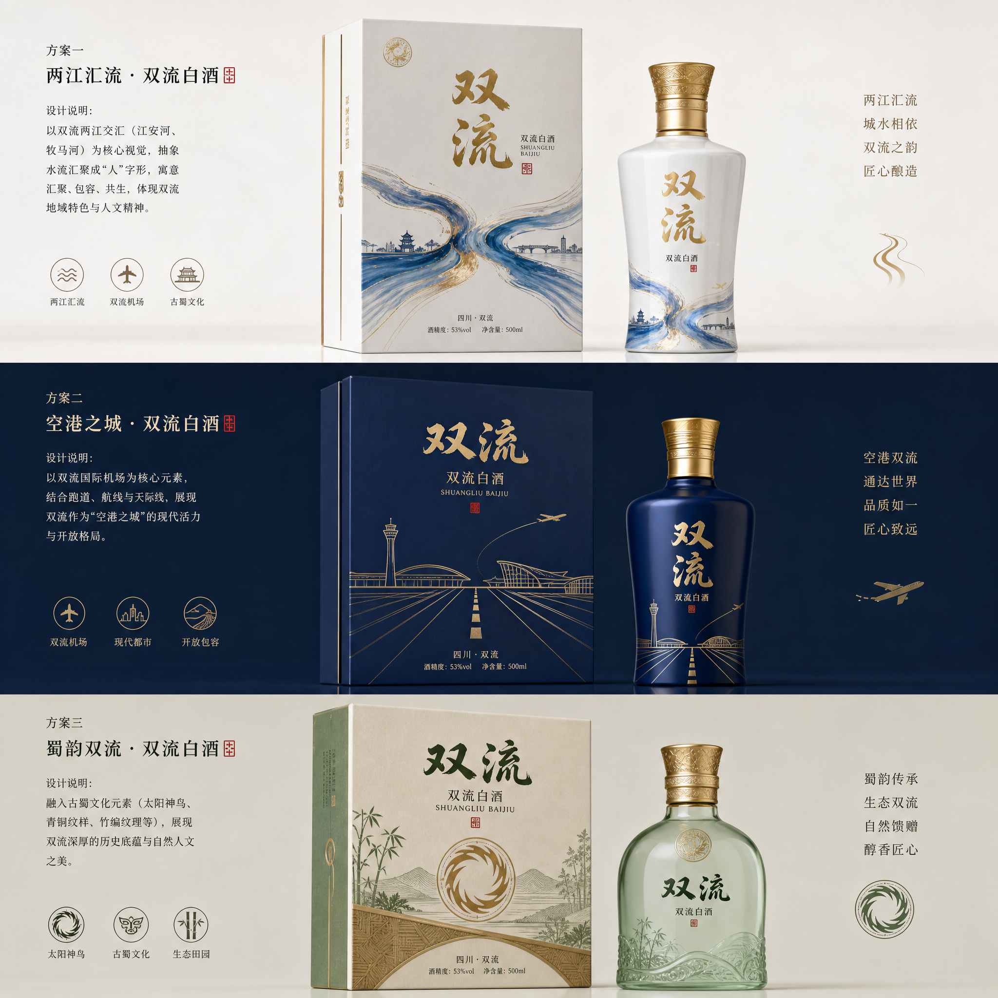 设计几款具有双流特色的白酒包装，要求盒子和瓶子设计都要原创，设计要简单大气，具有地域特色。