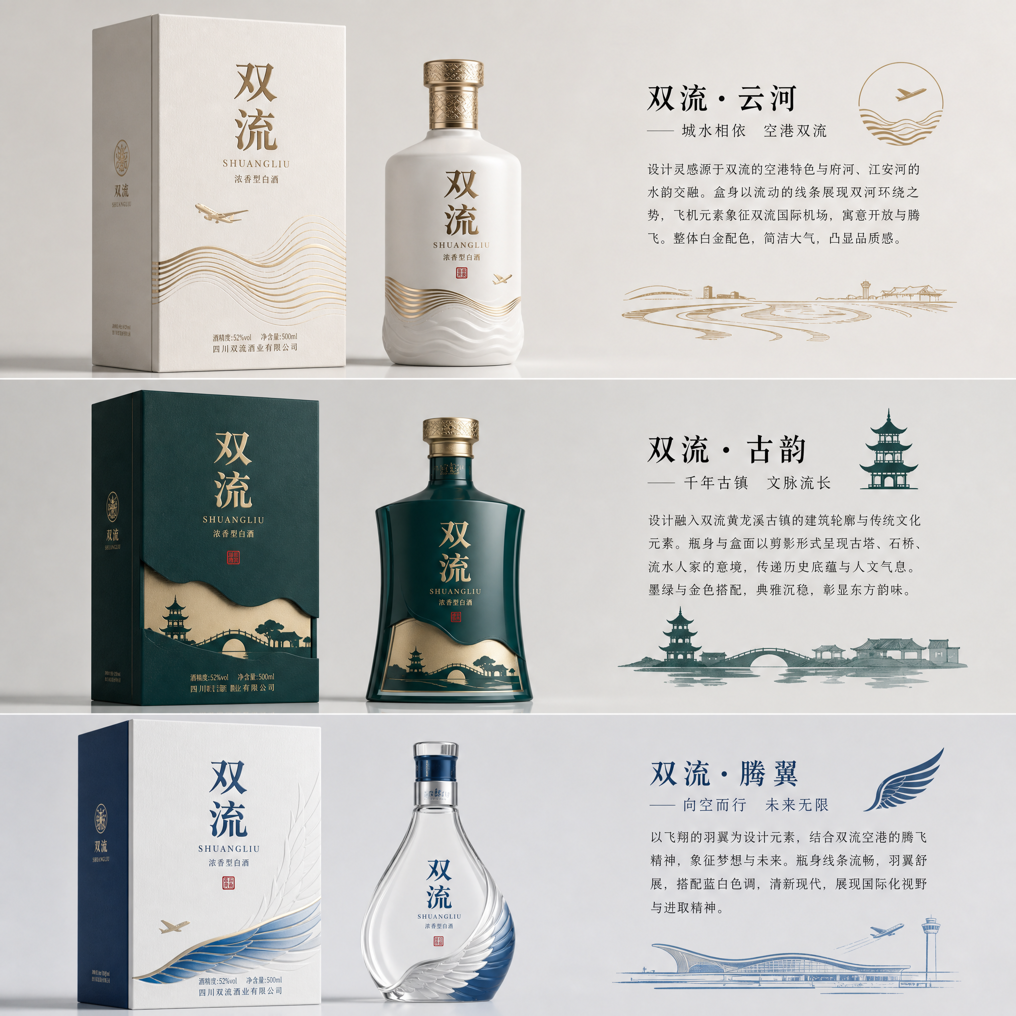 设计几款具有双流特色的白酒包装，要求盒子和瓶子设计都要原创，设计要简单大气，具有地域特色。 (4)