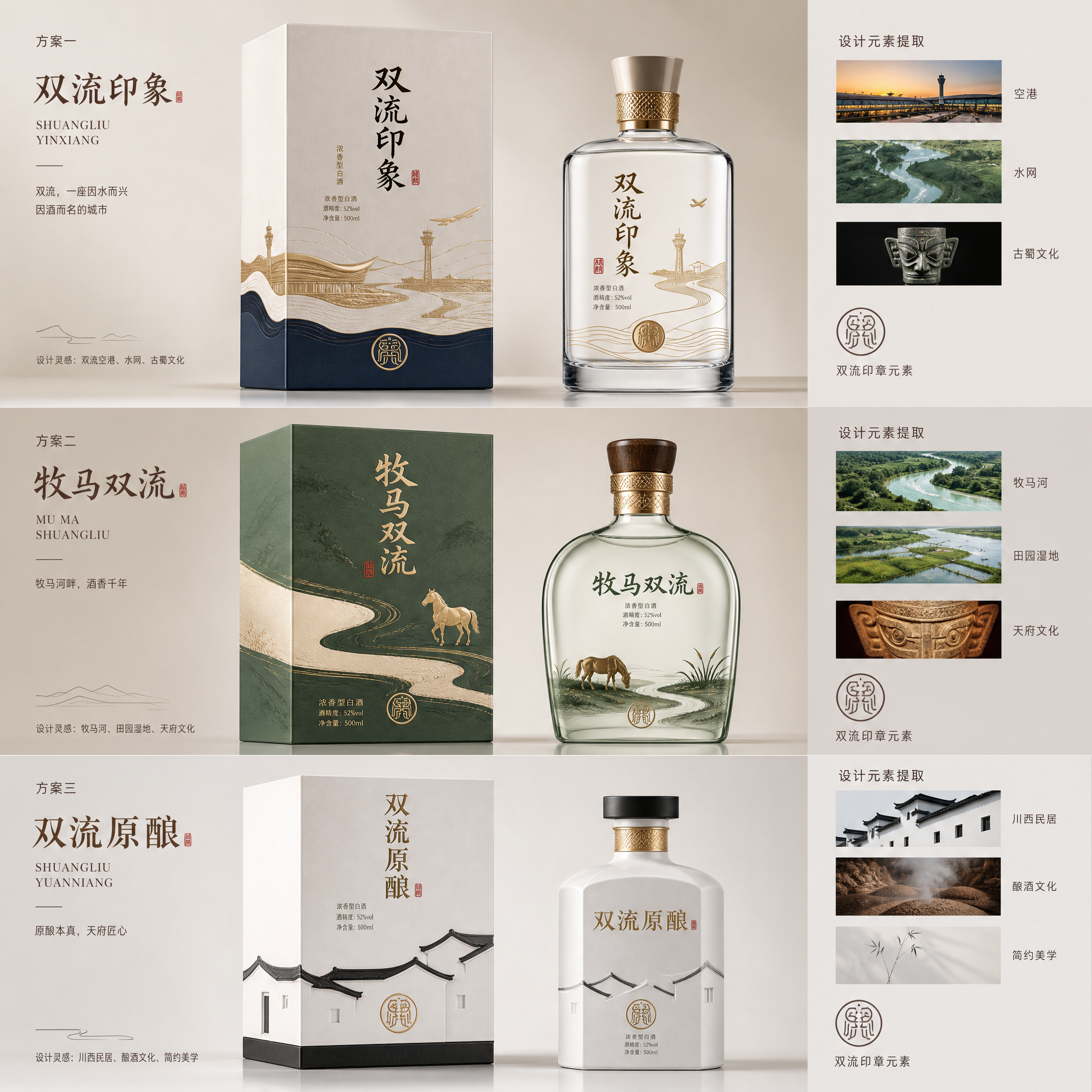 设计几款具有双流特色的白酒包装，要求盒子和瓶子设计都要原创，设计要简单大气，具有地域特色。 (3)