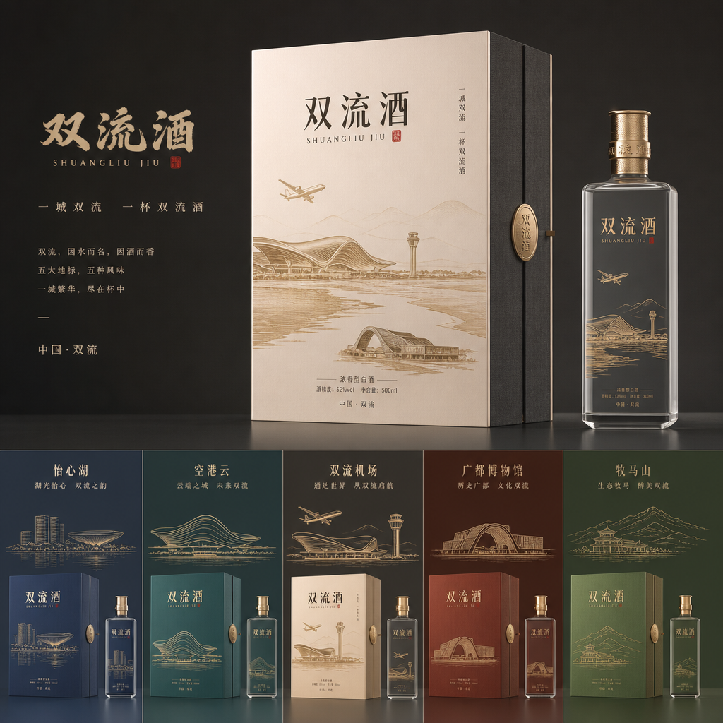 你是一位资深的设计师，现在需要设计一款高端的白酒包装礼盒，品牌名字叫双流酒。以双流各地的经典和名胜为… (3)