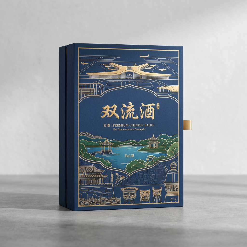 你是一位资深的设计师，现在需要设计一款高端的白酒包装礼盒，品牌名字叫双流酒。以双流各地的经典和名胜为… (2)