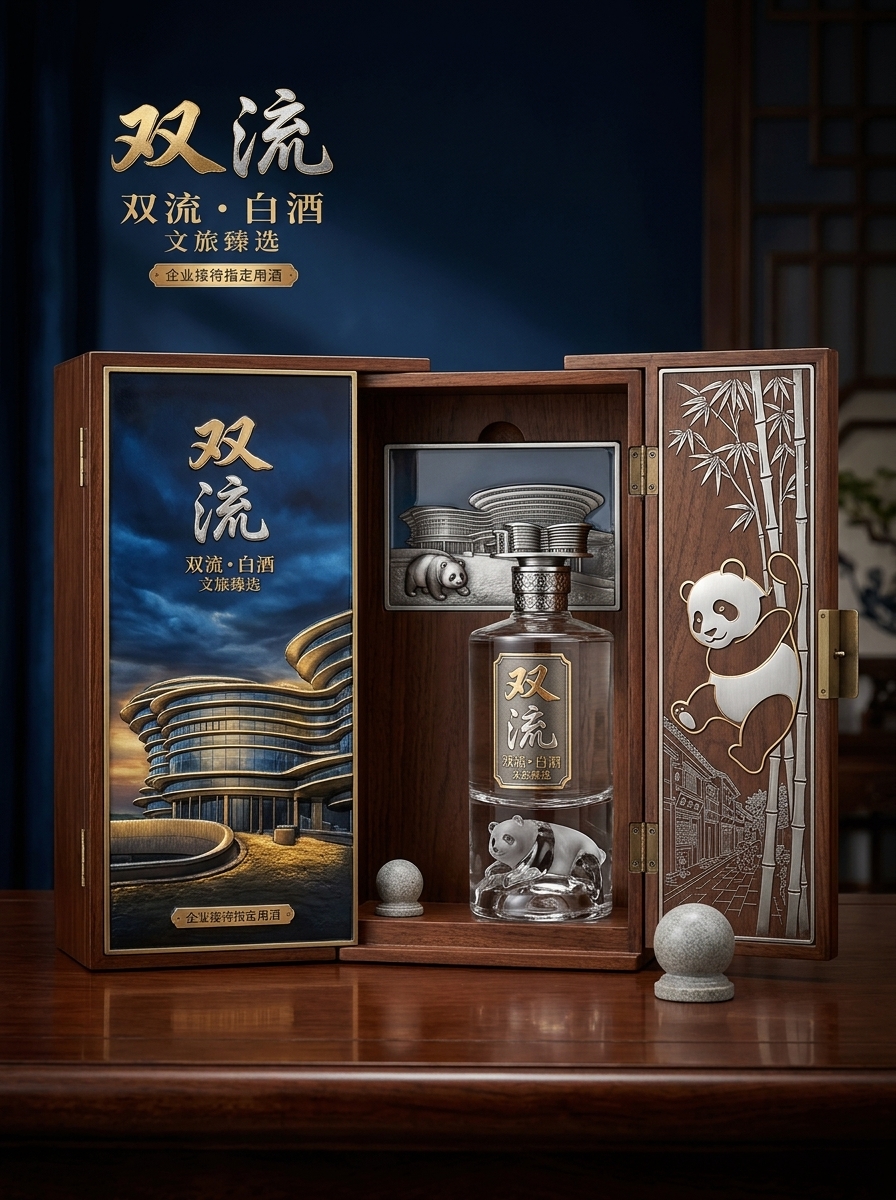 结合市面上销售较好的白酒包装设计，以图二中的建筑为背景，融入一些熊猫元素和双流本地元素，打造一款高端… (2)