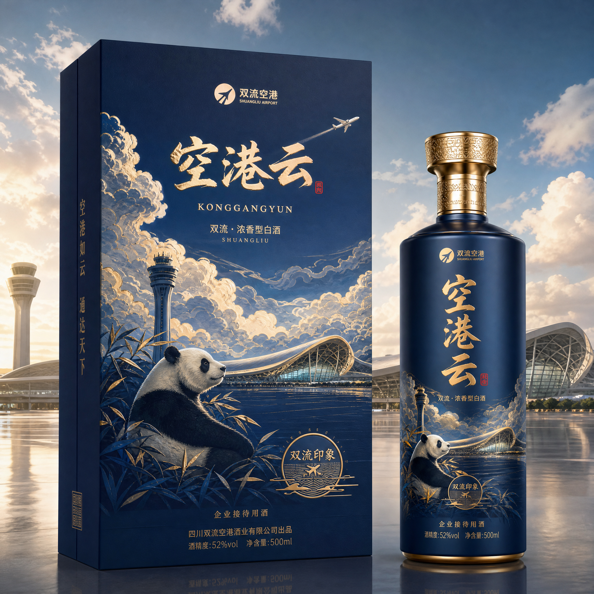 以刚上传的空港云为酒盒设计背景，结合双流特色及熊猫元素，设计一款企业接待用酒，要求设计要大气 (4)