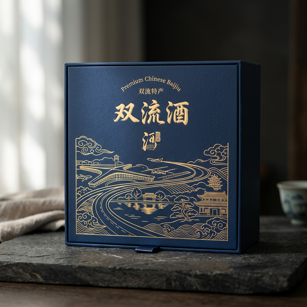 你是一位资深的设计师，现在需要设计一款高端的白酒包装礼盒，品牌名字叫双流酒。以双流各地的经典和名胜为…