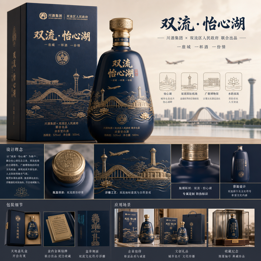 结合市场销售主流名酒，结合双流怡心湖、双流机场、广都博物馆等元素，设计一款具有双流地方特色的白酒，要… (2)