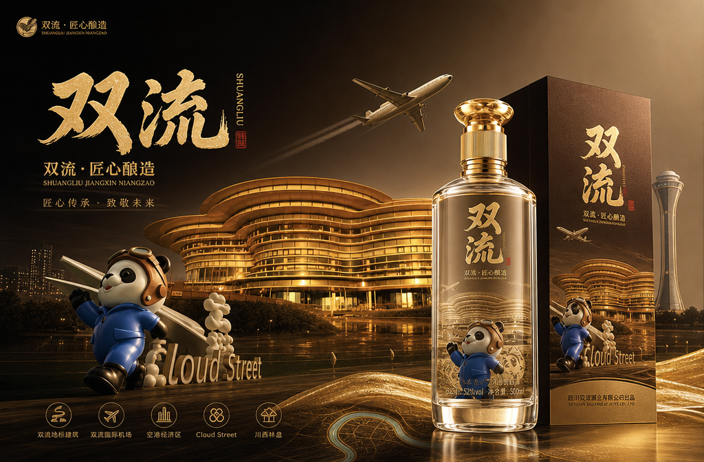 以图一这个图为设计背景，添加图二的熊猫元素，再结合双流的其他一些元素，设计一款双流的企业用酒。要求设… (3)
