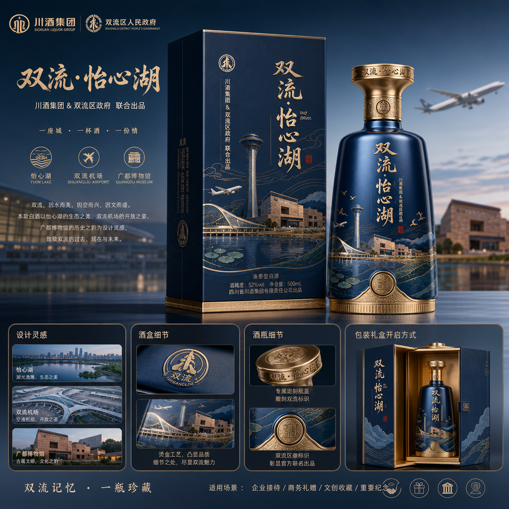 结合市场销售主流名酒，结合双流怡心湖、双流机场、广都博物馆等元素，设计一款具有双流地方特色的白酒，要…