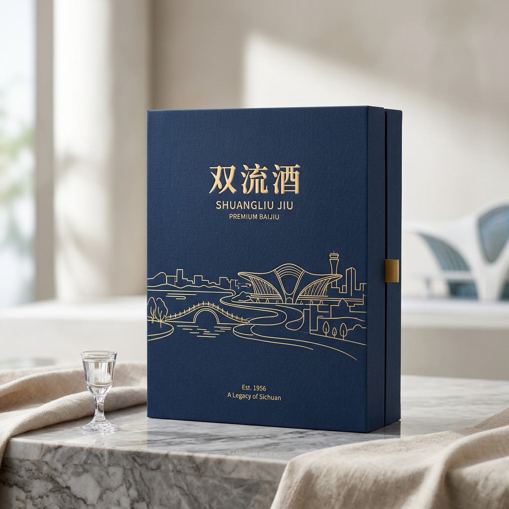 你是一位资深的设计师，现在需要设计一款高端的白酒包装礼盒，品牌名字叫双流酒。以双流各地的经典和名胜为… (2)