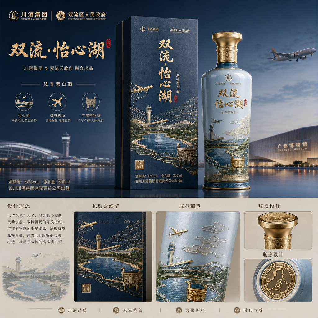 结合市场销售主流名酒，结合双流怡心湖、双流机场、广都博物馆等元素，设计一款具有双流地方特色的白酒，要… (2)