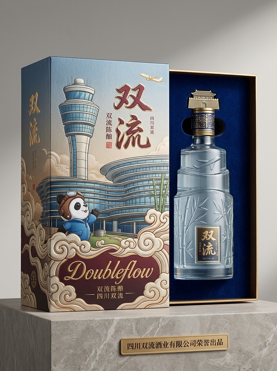 以图二中的建筑为背景，融入一些熊猫元素和双流本地元素，打造一款高端白酒包装礼盒，白酒的名称是双流，产… (4)