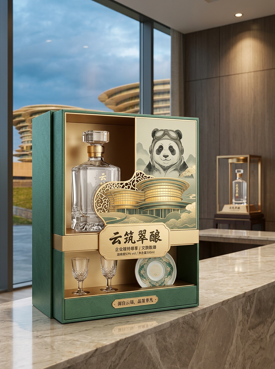 结合市面上销售较好的白酒包装设计，以图二中的建筑为背景，结合一些熊猫的元素，打造一款高端白酒包装礼盒… (4)