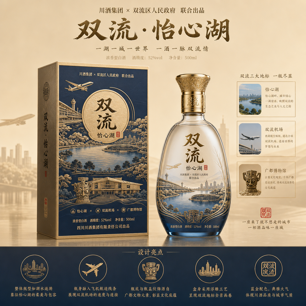 结合怡心湖、双流机场、广都博物馆等元素，设计一款具有双流地方特色的白酒，要求酒盒和酒瓶都必须原创，市… (3)