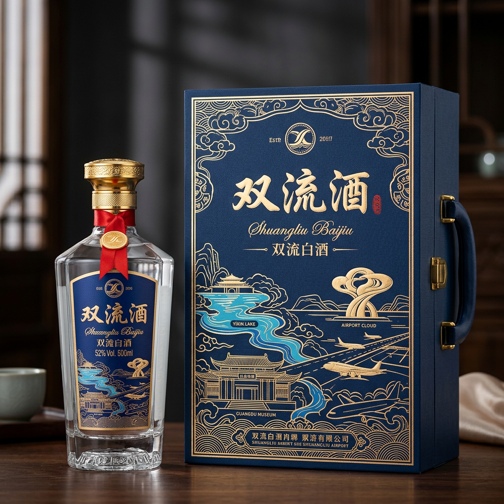 你是一位资深的设计师，现在需要设计一款高端的白酒包装礼盒，品牌名字叫双流酒。以双流各地的经典和名胜为… (4)