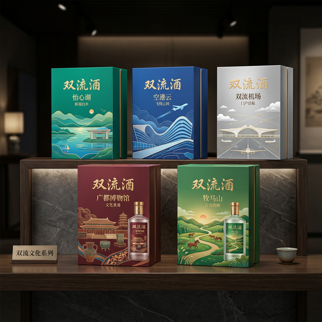 你是一位资深的设计师，现在需要设计一款高端的白酒包装礼盒，品牌名字叫双流酒。以双流各地的经典和名胜为… (3)
