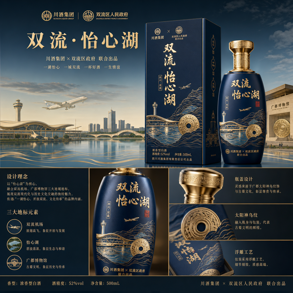 结合市场销售主流名酒，结合双流怡心湖、双流机场、广都博物馆等元素，设计一款具有双流地方特色的白酒，要… (3)