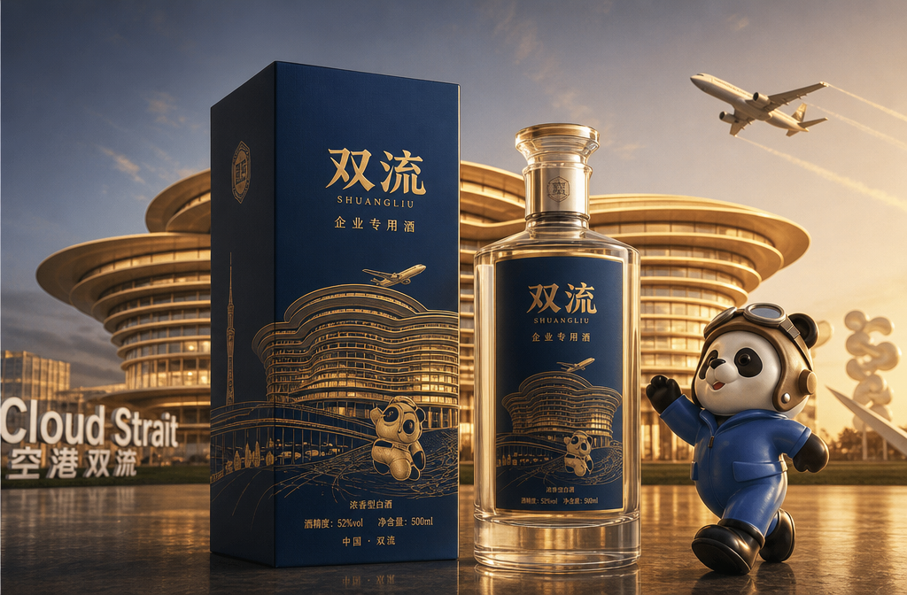 以图一这个图为设计背景，添加图二的熊猫元素，再结合双流的其他一些元素，设计一款双流的企业用酒。要求设…