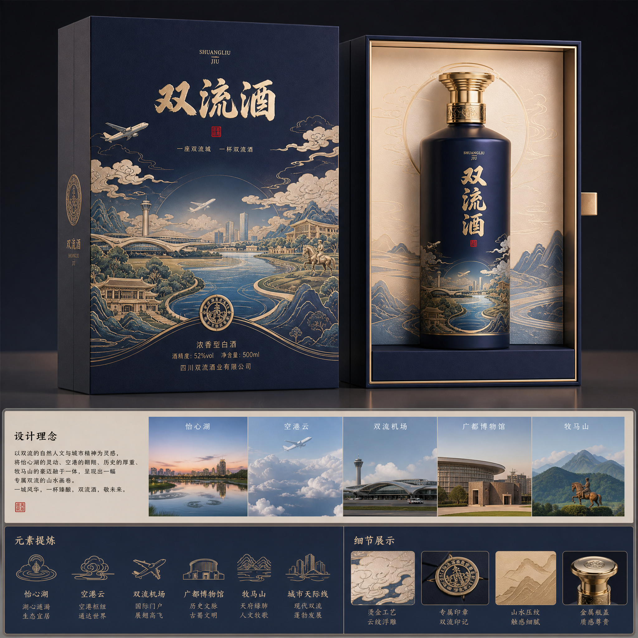 你是一位资深的设计师，现在需要设计一款高端的白酒包装礼盒，品牌名字叫双流酒。以双流各地的经典和名胜为… (4)