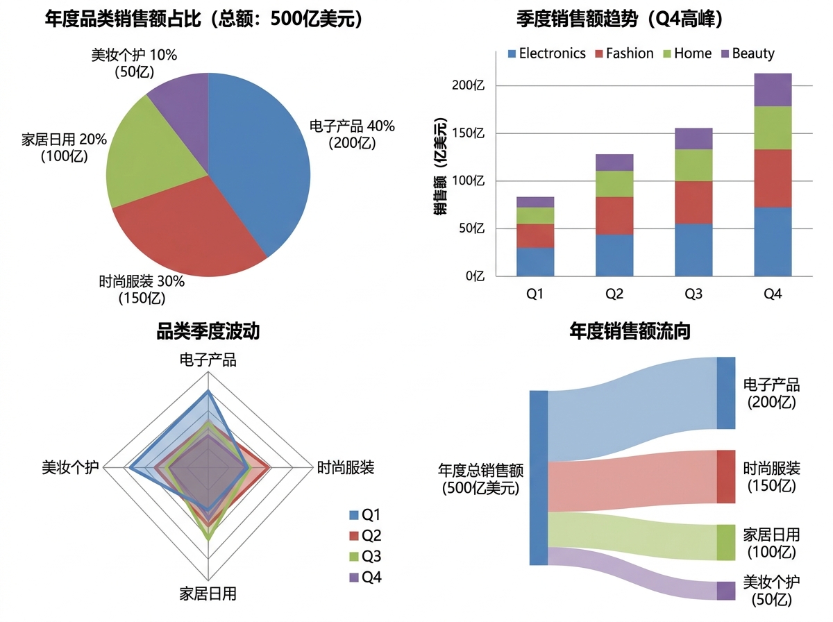 某电商平台年度品类销售额占比及季度趋势。年度总销售额为500亿美元，Q4高峰。品…