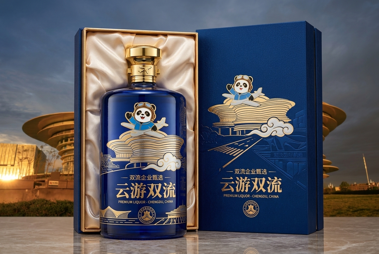 以图一这个图为设计背景，添加图二的熊猫元素，再结合双流的其他一些元素，设计一款双流的企业用酒。要求设… (2)