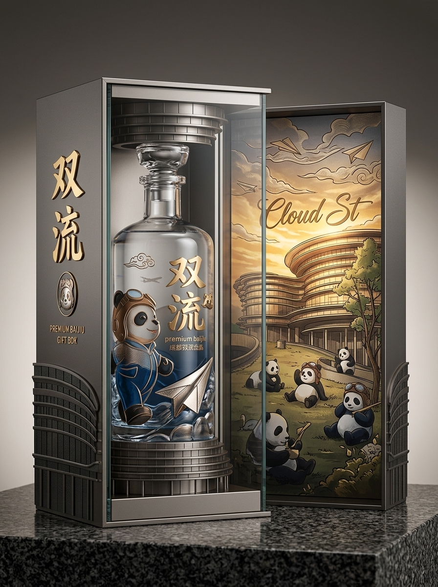 以图二中的建筑为背景，融入一些熊猫元素和双流本地元素，打造一款高端白酒包装礼盒，白酒的名称是双流，产… (3)