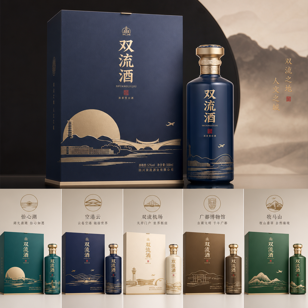 你是一位资深的设计师，现在需要设计一款高端的白酒包装礼盒，品牌名字叫双流酒。以双流各地的经典和名胜为… (2)