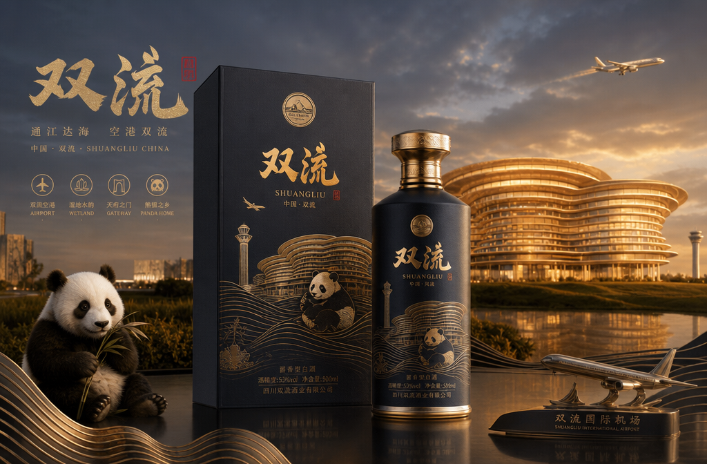 以这个图为设计背景，添加熊猫元素，再结合双流的其他一些元素，设计一款双流的企业用酒。要求设计要大气 (3)