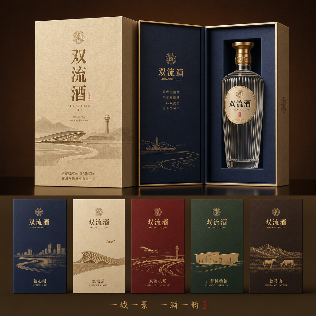 你是一位资深的设计师，现在需要设计一款高端的白酒包装礼盒，品牌名字叫双流酒。以双流各地的经典和名胜为… (3)