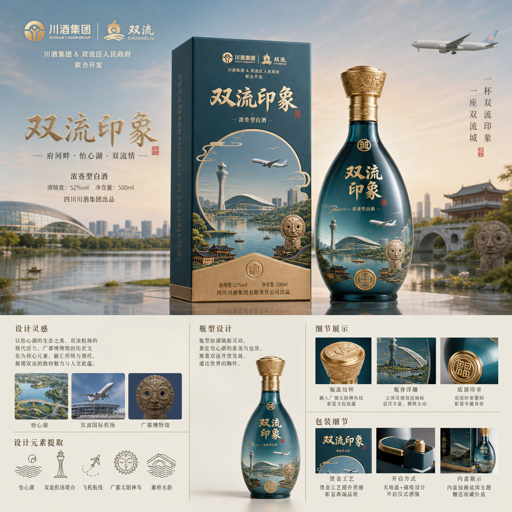 结合怡心湖、双流机场、广都博物馆等元素，设计一款具有双流地方特色的白酒，要求酒盒和酒瓶都必须原创，市… (3)