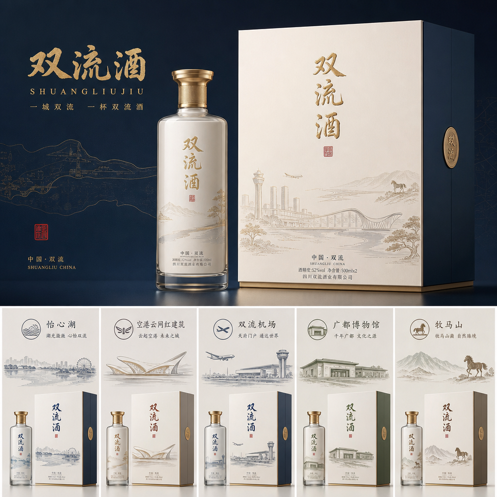 你是一位资深的设计师，现在需要设计一款高端的白酒包装礼盒，品牌名字叫双流酒。以双流各地的经典和名胜为… (4)
