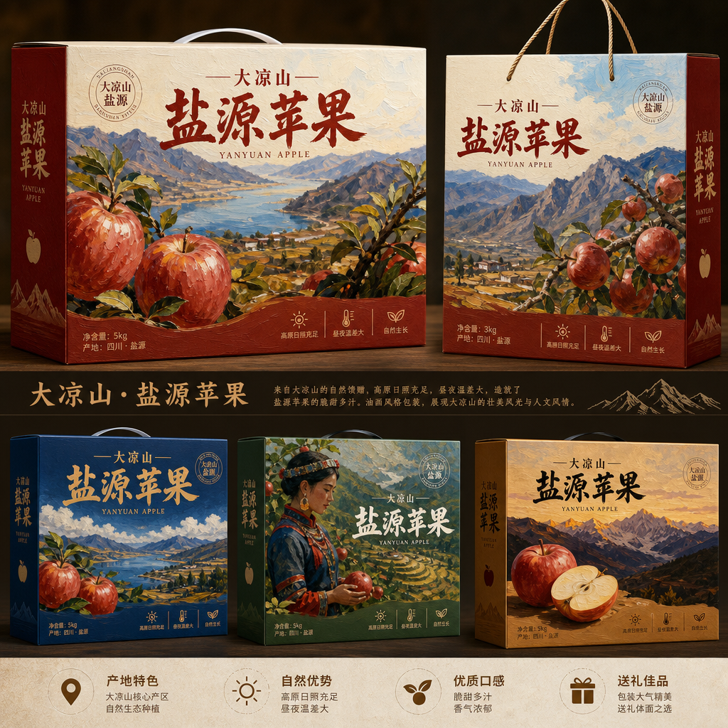 设计几款大凉山的盐源苹果包装，要求使用场景是日常的商超展示售卖，日常送礼。所以要求设计具有吸睛的特性… (2)