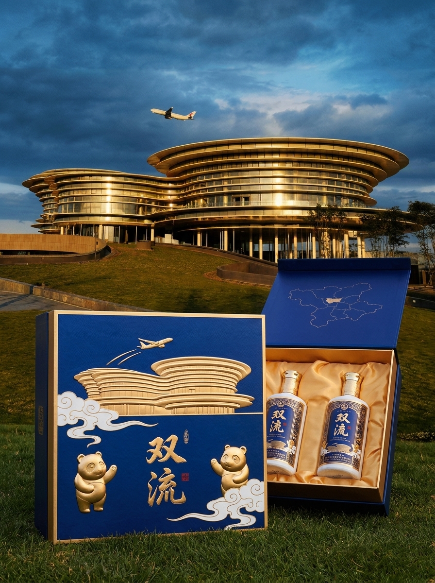 结合市面上销售较好的白酒包装设计，以图二中的建筑为背景，融入一些熊猫元素和双流本地元素，打造一款高端… (4)